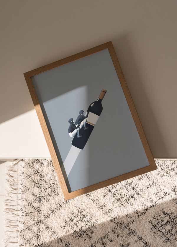 decoración con cuadros, ideas - lámina decorativa vintage de collage de dos hombres jinetes cabalgando una botella de vino - kudeko