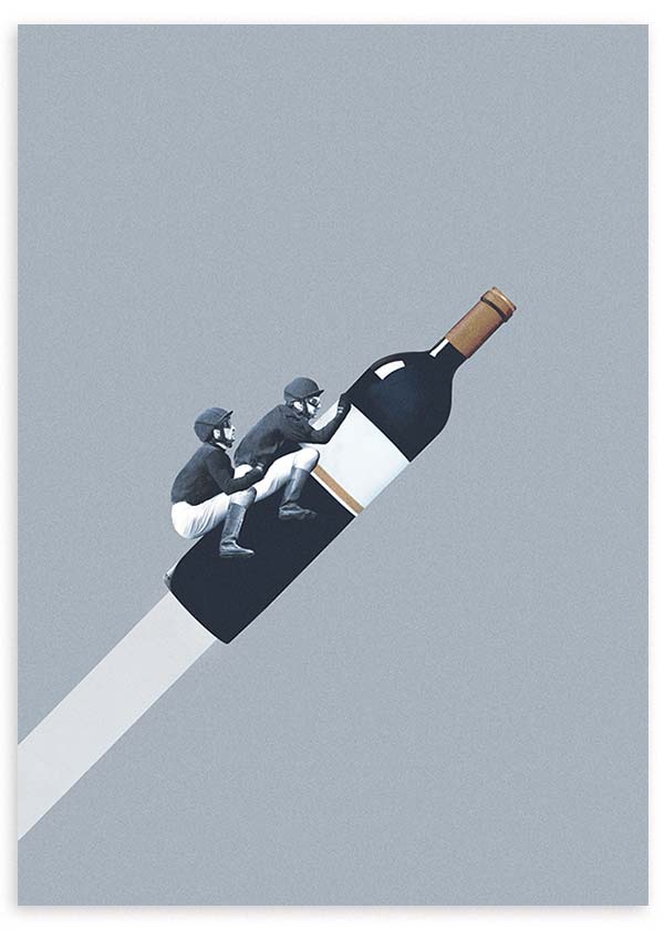 Quadro emoldurado com dois cavaleiros sobre uma garrafa de vinho em diagonal, fundo cinzento liso, tons de preto, branco e bege, estilo de ilustração conceptual limpa. Disponível em kudeko.com