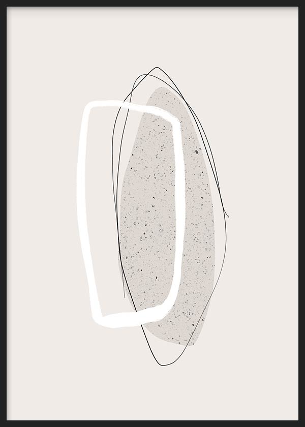 Quadro com formas orgânicas sobrepostas em bege, branco e preto, textura salpicada, linhas finas irregulares e estilo abstrato contemporâneo sobre fundo claro. Disponível em kudeko.com
