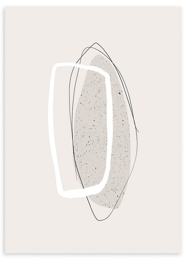 Quadro com formas orgânicas sobrepostas em bege, branco e preto, textura salpicada, linhas finas irregulares e estilo abstrato contemporâneo sobre fundo claro. Disponível em kudeko.com