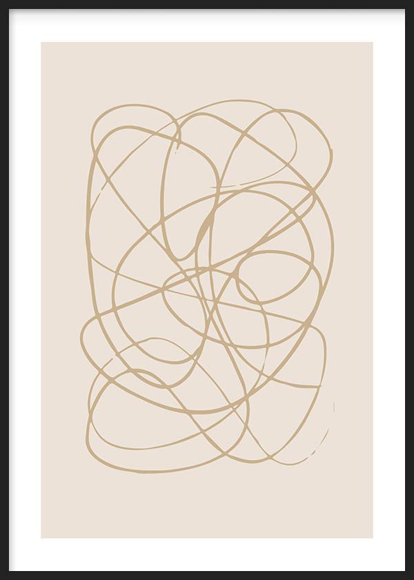 Tableau encadré avec lignes courbes entrelacées beige sable sur fond crème, motif abstrait léger, palette neutre et style minimaliste pour intérieur contemporain. Disponible sur kudeko.com