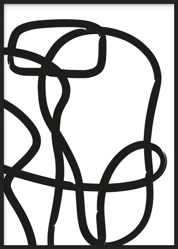 Quadro emoldurado com linhas pretas espessas entrelaçadas sobre fundo branco, composição abstrata gráfica, contraste marcado e estilo moderno minimalista para decoração de parede. Disponível em kudeko.com