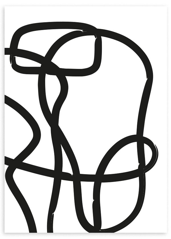 Tableau encadré avec lignes noires épaisses entrelacées sur fond blanc, composition abstraite graphique, contraste marqué et style moderne minimaliste pour décoration murale. Disponible sur kudeko.com