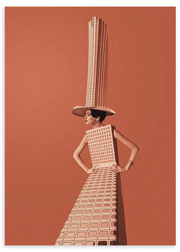 Quadro emoldurado com mulher surreal formada por edifícios altos, fundo terracota liso, tons bege, castanho e rosa velho, estilo urbano e artístico. Disponível em kudeko.com