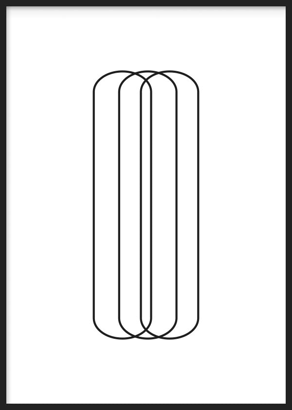Tableau encadré avec cylindres noirs superposés, lignes fines arrondies sur fond blanc, composition géométrique épurée en style minimaliste noir et blanc. Disponible sur kudeko.com