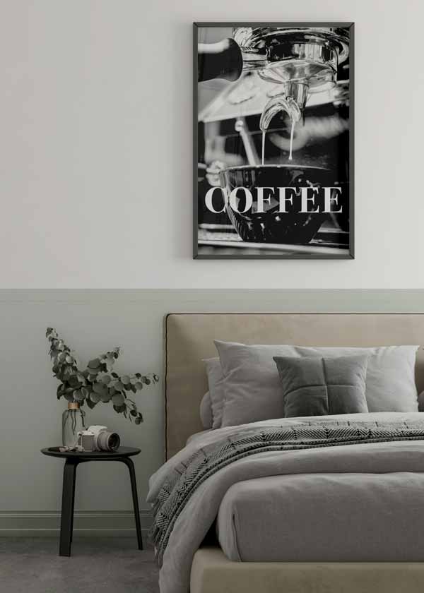 decoración con cuadros, ideas - lámina decorativa fotográfica en blanco y negro de café y cafetera - kudeko