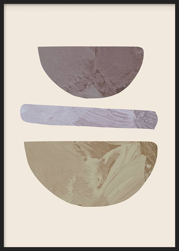 Wandbild mit abstrakter Komposition aus geschwungenen Formen in Beige, Taupe und sanftem Flieder auf hellem Hintergrund, in ausgewogenem abstraktem Stil. Erhältlich auf kudeko.com
