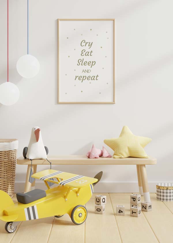 Decoración con cuadros, ideas -  cuadro infantil con frase divertida "cry, eat, sleep and repeat". Lámina decorativa infantil con frase divertida.