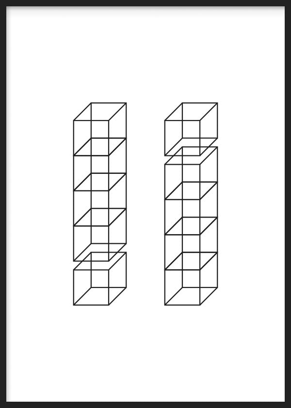 Tableau encadré avec cubes linéaires noirs sur fond blanc, disposés en deux colonnes symétriques, avec profondeur visuelle et style géométrique contemporain. Disponible sur kudeko.com