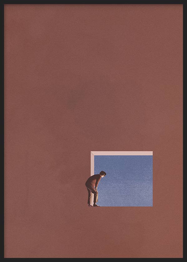 Tableau avec figure solitaire penchée devant une ouverture rectangulaire bleue, sur fond brun rougeâtre uni, dans un style minimaliste et contemplatif. Disponible sur kudeko.com
