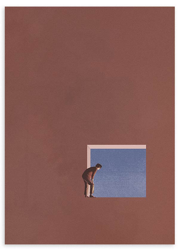 Wandbild mit geneigter einsamer Figur vor einer blauen rechteckigen Öffnung, auf einfarbigem rotbraunem Hintergrund, im minimalistischen und ruhigen Stil. Erhältlich auf kudeko.com