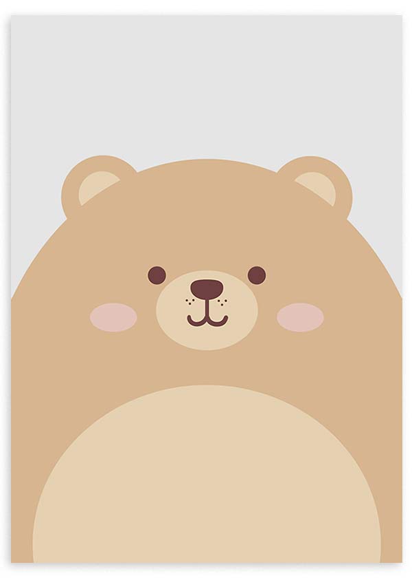 Cuadro de oso tierno beige con barriga crema, mejillas rosas, fondo gris claro y estilo infantil de formas suaves y minimalistas. Disponible en kudeko.com