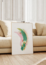 Cuadro decorativo de estilo abstracto y minimalista colocado en salón, trazo abstracto orgánico en tonos pastel, modelo Energy Abstract Line III