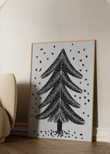 Cuadro decorativo de estilo blanco_y_negro y minimalista colocado en salón, ilustración minimalista de árbol de pino, modelo Pine Tree