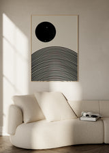 Cuadro decorativo de estilo minimalista y abstracto colocado en salón, composición abstracta geométrica en blanco y negro, modelo B&B No17.