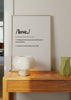 Tableau encadré avec le mot love, typographie noire, définition en anglais sur fond blanc, lignes fines et style épuré moderne et romantique. Disponible sur kudeko.com