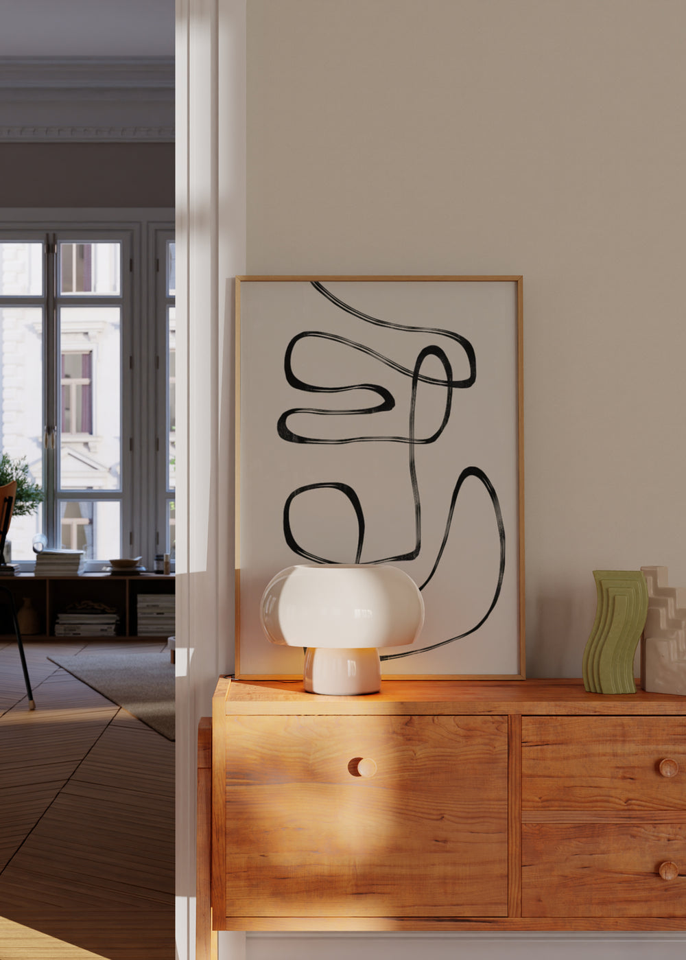 Cuadro decorativo de estilo minimalista y blanco_y_negro colocado en salón, líneas abstractas en blanco y negro, modelo Abstract Line No5.