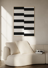 Cuadro decorativo de estilo minimalista y blanco_y_negro colocado en salón, composición geométrica de escalones en blanco y negro, modelo Escalones I