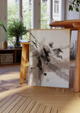 Cuadro decorativo de estilo minimalista y blanco_y_negro colocado en salón, composición abstracta en tonos neutros, modelo Paint Explosion II