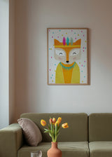 Cuadro decorativo de estilo minimalista y colorido colocado en habitación infantil, zorro infantil colorido con gotas de lluvia, modelo The Rainmaker