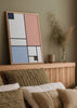 Tableau à composition géométrique avec rectangles blanc cassé, rose poudré, bleu clair, bleu gris et brun, lignes noires marquées et style moderne inspiré du Bauhaus. Disponible sur kudeko.com