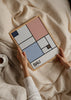 Tableau encadré avec rectangles bleu clair, bleu grisé, rose poudré, blanc et marron, lignes noires, texte typographique et style géométrique moderne. Disponible sur kudeko.com