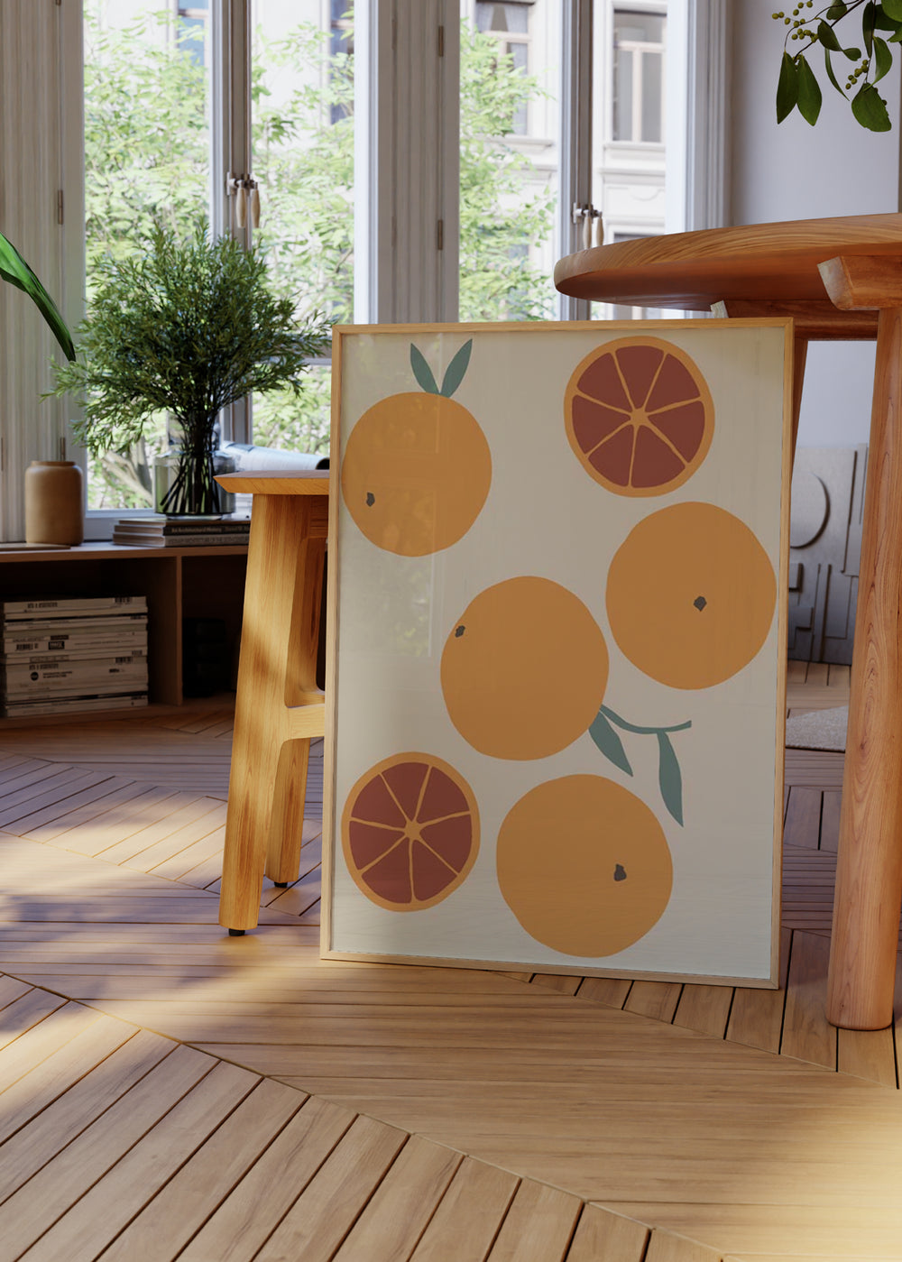 Tableau avec oranges entières et tranches sur fond beige, dans des tons orange, terre cuite et vert doux, au style minimaliste et décoratif. Disponible sur kudeko.com