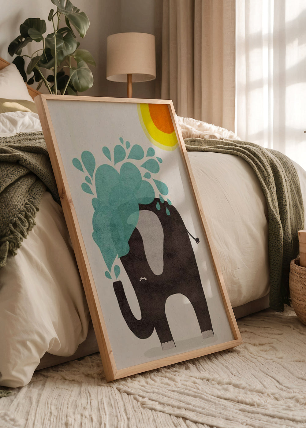 Cuadro decorativo de estilo minimalista y ilustración colocado en habitación infantil, elefante infantil divertido, modelo Funny Elephant