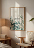 Cuadro decorativo de estilo minimalista y orgánico colocado en dormitorio, Lámina botánica con frase relajada, modelo Whatever