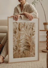 Cuadro decorativo de estilo minimalista y orgánico colocado en salón, fotografía de caña seca en tonos beige, modelo Caña Seca Soleada