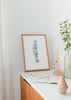 Tableau encadré avec branche d’eucalyptus, feuilles arrondies vert grisâtre, fond blanc et composition épurée de style nordique pour décoration murale apaisante. Disponible sur kudeko.com