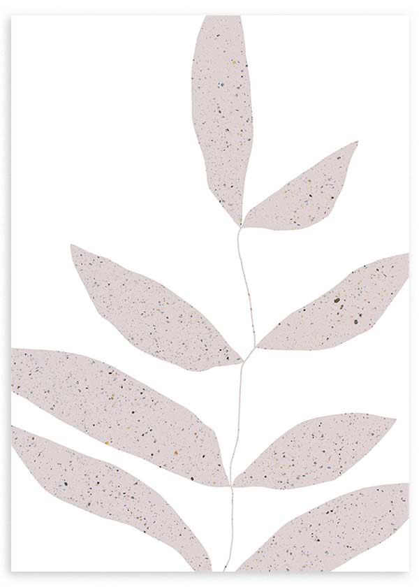 Tableau encadré avec branche de feuilles allongées beige rosé sur fond blanc, texture mouchetée discrète et style minimaliste épuré pour décoration murale. Disponible sur kudeko.com