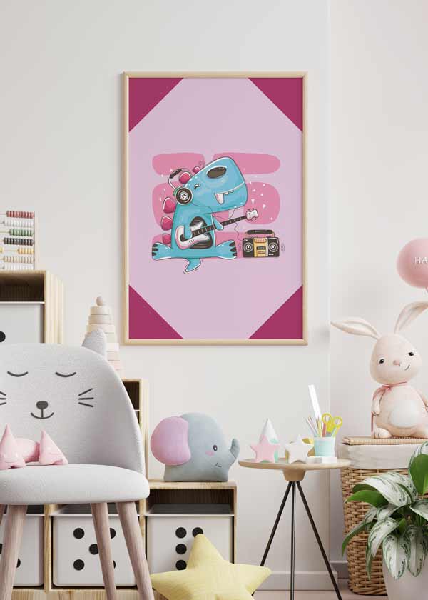 Decoración con cuadros, ideas -  cuadro infantil de dinosaurio cantando en colores rosas. lámina decorativa infantil de dinosaurio rosa.
