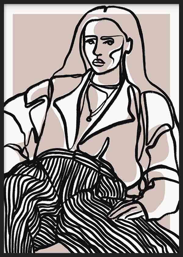 Quadro emoldurado com retrato feminino em linhas pretas contínuas, fundo bege rosado e branco, composição contemporânea de estilo minimalista e sóbrio. Disponível em kudeko.com