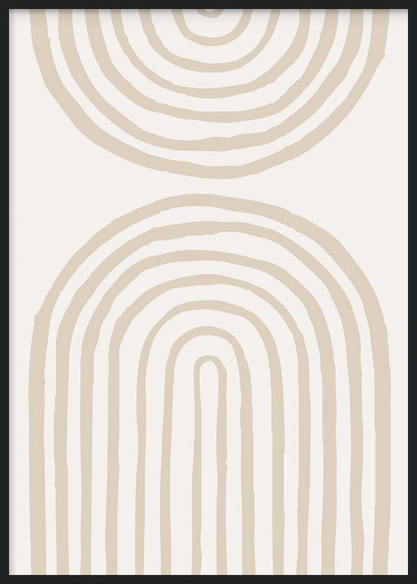 Tableau avec deux arches concentriques beiges sur fond blanc, lignes douces, composition épurée et style minimaliste pour décoration murale contemporaine. Disponible sur kudeko.com