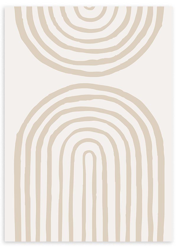 Wandbild mit zwei konzentrischen Bögen in Beige auf weißem Hintergrund, weichen Linien, klarer Komposition und minimalistischem Stil für moderne Räume. Erhältlich auf kudeko.com