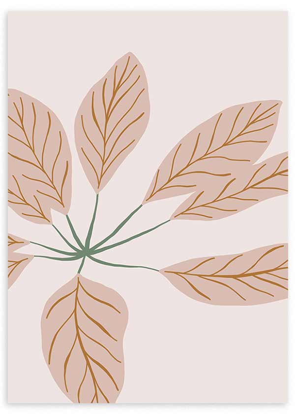 Gerahmtes Wandbild mit stilisierten botanischen Blättern in Altrosa, Ocker, Salbeigrün, hellem Hintergrund und minimalistischem zeitgemäßem Stil. Erhältlich auf kudeko.com