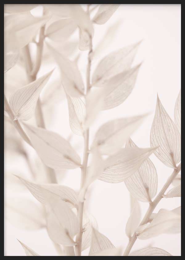 Cuadro de ramas botánicas con hojas secas translúcidas en tonos marfil, beige claro y blanco roto, con estética suave y estilo minimalista. Disponible en kudeko.com