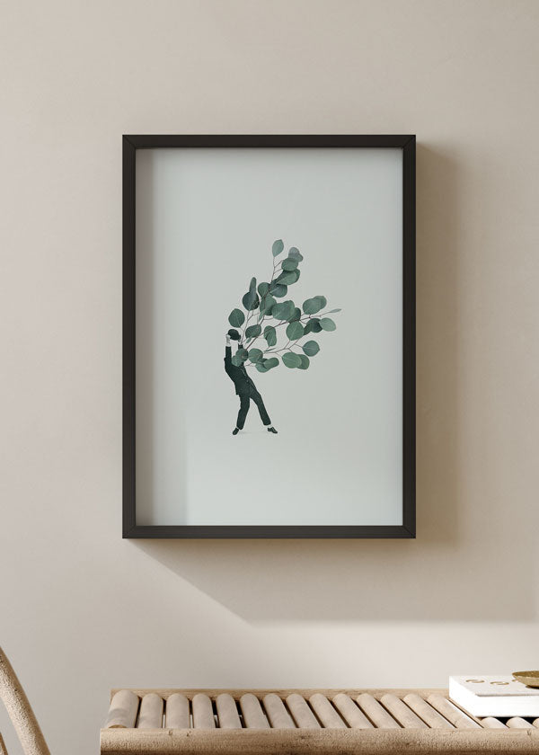 decoración con cuadros, ideas - lámina decorativa collage de hombre y plantas fondo verde, vintage - kudeko