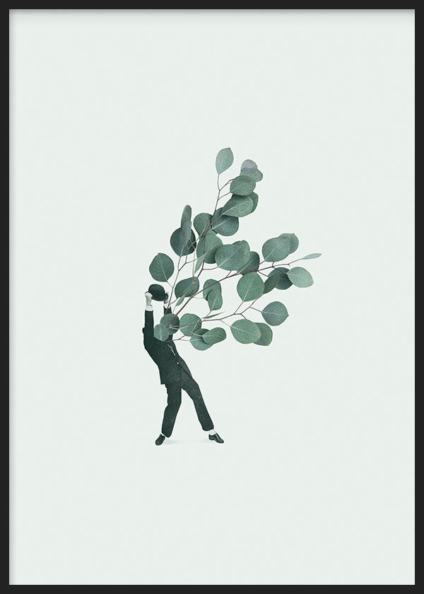 cuadro lámina decorativa collage de hombre y plantas fondo verde, vintage - kudeko