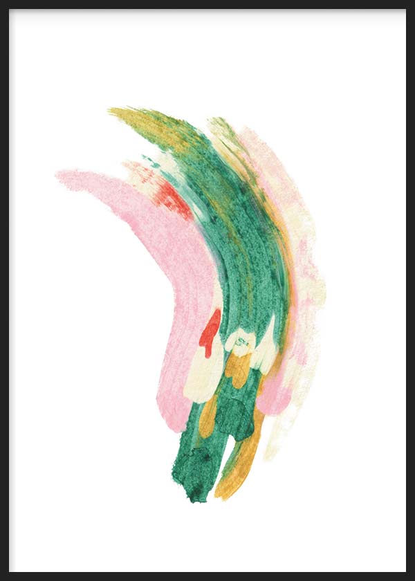 Tableau avec formes abstraites courbes en vert émeraude, rose poudré, beige et touches moutarde sur fond blanc, dans un style abstrait contemporain et léger. Disponible sur kudeko.com