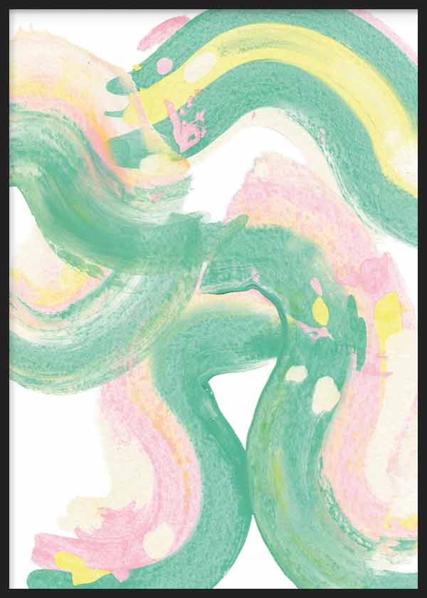 Tableau encadré avec composition abstraite de formes fluides en vert d’eau, rose pastel et jaune doux sur fond blanc, dans un style abstrait contemporain et léger. Disponible sur kudeko.com