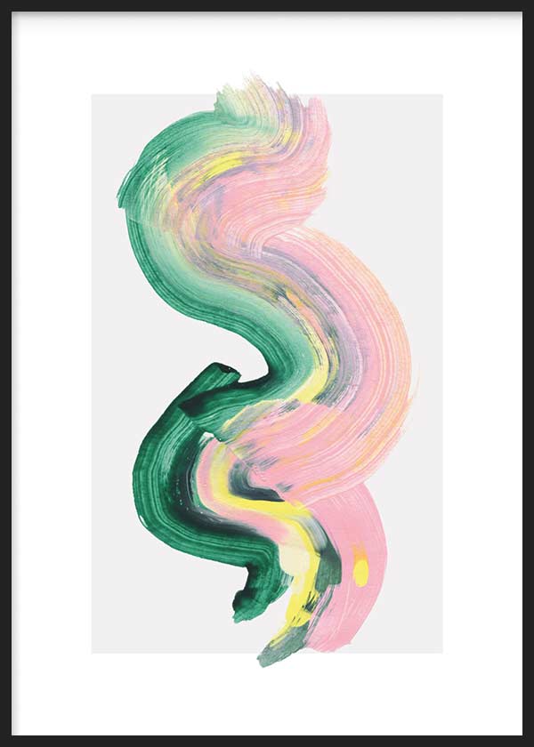Tableau avec composition abstraite aux formes ondulantes en vert émeraude, rose pastel, jaune doux et gris, sur fond clair, dans un style contemporain. Disponible sur kudeko.com