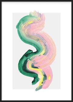 Wandbild mit abstrakter Komposition aus geschwungenen Formen in Smaragdgrün, Pastellrosa, sanftem Gelb und Grau auf hellem Hintergrund, im zeitgenössischen Stil. Erhältlich auf kudeko.com