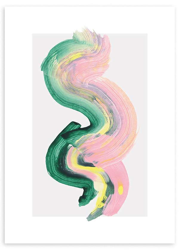 Tableau avec composition abstraite aux formes ondulantes en vert émeraude, rose pastel, jaune doux et gris, sur fond clair, dans un style contemporain. Disponible sur kudeko.com