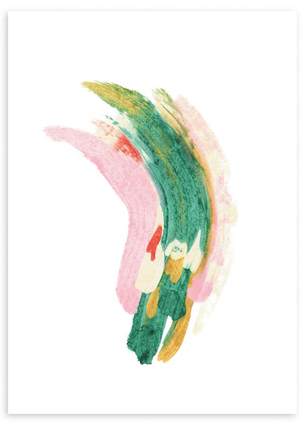 Cuadro con formas abstractas curvas en verde esmeralda, rosa suave, beige y mostaza sobre fondo blanco, de estilo abstracto. Disponible en kudeko.com