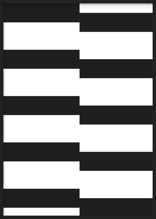 Tableau avec bandes en escalier blanches sur fond noir, contraste marqué, composition ordonnée et style géométrique contemporain pour décoration murale. Disponible sur kudeko.com