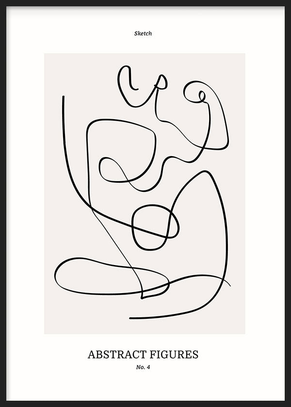 Tableau avec figures abstraites tracées d’une ligne noire continue sur fond beige clair, composition épurée, typographie discrète et style minimaliste nordique. Disponible sur kudeko.com