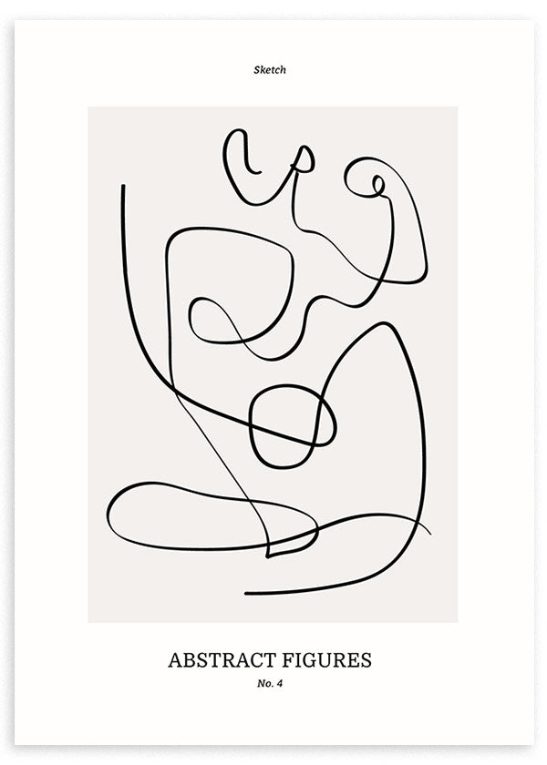 Wandbild mit abstrakten Figuren aus durchgehender schwarzer Linie auf hellbeigem Hintergrund, klarer Komposition, dezenter Typografie und minimalistischem nordischem Stil. Erhältlich auf kudeko.com