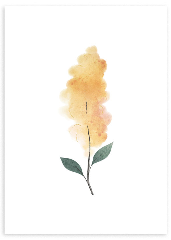Cuadro con flor amarilla alargada, tallo fino, hojas verdes, fondo blanco y composición ligera de estilo floral. Disponible en kudeko.com